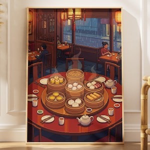 Könnte beinhalten: Gerahmter Kunstdruck einer Restaurantszene. Ein großer runder Tisch ist mit Dim Sum in Bambusdämpfern gedeckt, umgeben von kleinen Schalen, Essstäbchen und Teetassen. Das Restaurant hat rote Tische, Papierlaternen und Gäste.