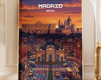 Póster de Madrid, España, con diseño pixel art: impresión retro de viaje de 8 bits