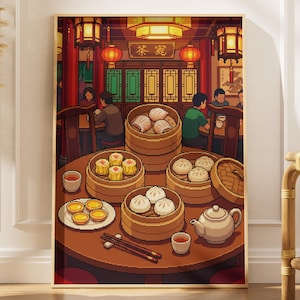 Könnte beinhalten: Ein gerahmter Pixel-Art-Druck einer chinesischen Restaurantszene. Das Bild zeigt einen runden Tisch mit Dim Sum in Bambusdämpfern, Teetassen und einer Teekanne. Im Hintergrund sitzen Gäste an Tischen, mit roten Laternen und chinesischen Schriftzeichen.