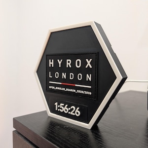 Könnte beinhalten: Eine sechseckige schwarz-weiße Anzeigetafel mit dem Text HYROX LONDON, einer roten horizontalen Linie, dem Text OPEN_SINGLES_SEASON_2025/2026 und der numerischen Zeit 1:56:26 in erhabener weißer Schrift auf schwarzem Hintergrund.