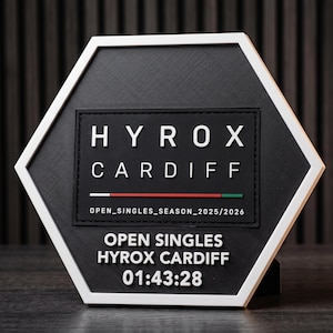 May include: A hexagonal black plaque with a white border featuring the white text HYROX CARDIFF, OPEN_SINGLES_SEASON_2025/2026, and a horizontal line with white, red, and green segments. Below, white text reads OPEN SINGLES HYROX CARDIFF 01:43:28.