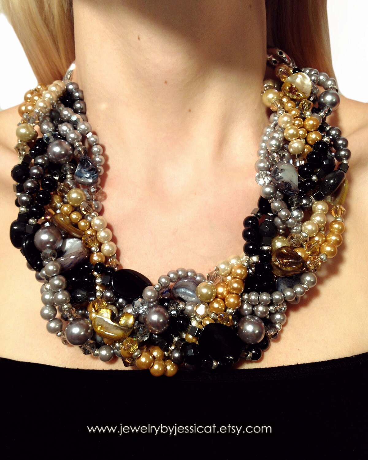 GRAND TWISTED Statement Necklace Black Gray Silver Gold Etsy