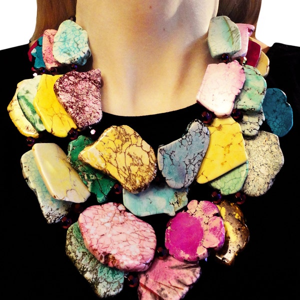 MAGNESITE GEMSTONE, Statement Necklace, Pink, Blue, Slabs, Yellow, Agate, Green, Bold, Chunky, Genuine, Jewelry by Jessica Theresa