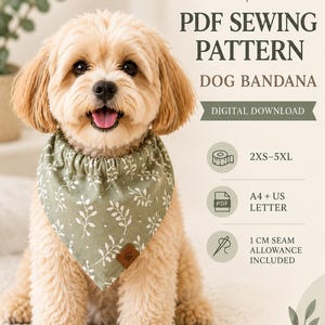 Mönster för hundbandana | DIY-husdjurstillbehör i PDF-format | Utskrivbart mönster för hundbandana | Direkt digital nedladdning