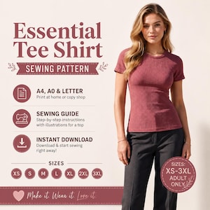 May include: A digital sewing pattern for an Essential Tee Shirt. The image displays a maroon waffle-knit short-sleeve top, text detailing A4, A0, and Letter formats, a sewing guide, instant download availability, and size options from XS to 3XL.