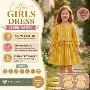 May include: A sewing pattern for a mustard yellow dress with white vertical dotted lines, long sleeves, and a front bow. The pattern includes instructions for sizes 2T to 12, printable on A4, A0, and letter paper, featuring a beginner-friendly design.