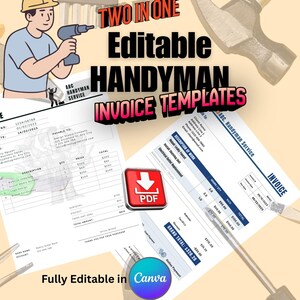Può includere: Immagine promozionale per modelli di fatture per tuttofare. L'immagine presenta un cartone animato di un tuttofare, il testo "TWO IN ONE Editable HANDYMAN INVOICE TEMPLATES" ed esempi di fatture. Include un'icona di download PDF e un logo Canva.