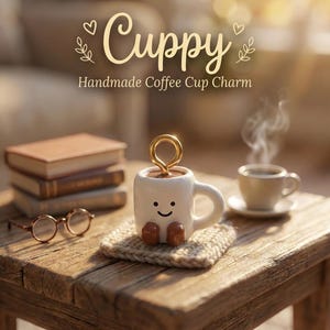 Könnte beinhalten: Ein handgefertigter Kaffeebecher-Anhänger mit dem Wort "Cuppy" darüber. Die weiße Keramiktasse hat ein lächelndes Gesicht und braune Beine. Sie steht auf einem kleinen, gewebten Untersetzer. Ein Stapel Bücher und eine Brille sind in der Nähe.