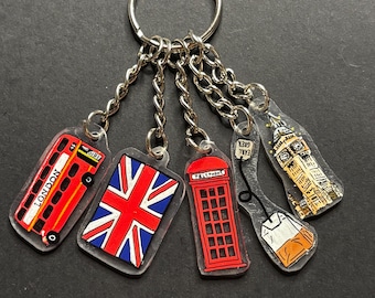Handgemaakte London Charm Sleutelhanger Bundel | Big Ben, bus, telefooncel, Britse vlag, theezakje