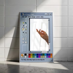 Może przedstawiać: Oprawione dzieło sztuki przedstawiające interfejs malowania cyfrowego, zatytułowane "untitled - Paint". Interfejs zawiera pasek menu, ikony narzędzi i paletę kolor&oacute;w. Ręka jest widoczna w obszarze malowania, co sugeruje proces tw&oacute;rczy.
