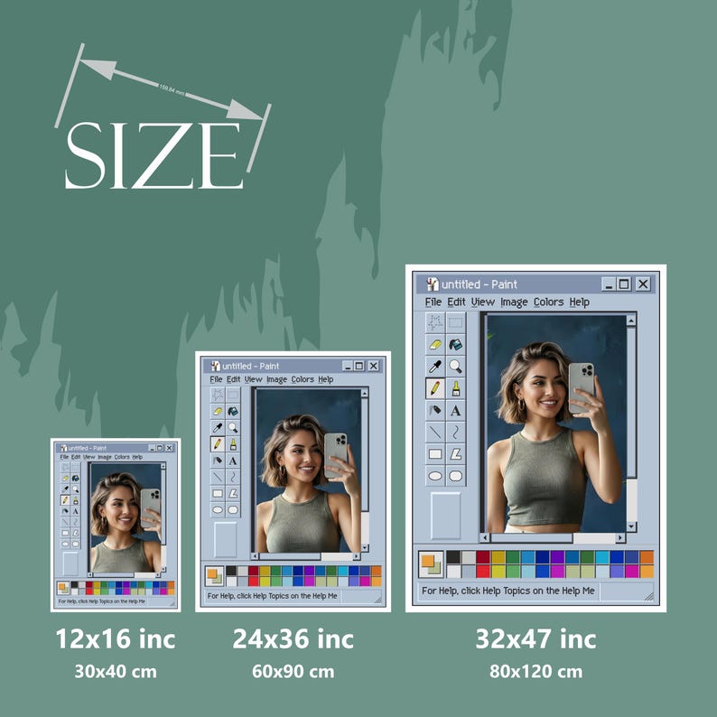 Może przedstawiać: Trzy oprawione wydruki z kobietą robiącą selfie, zaprojektowane tak, aby wyglądały jak klasyczny program Paint w systemie Windows. Rozmiary to 30x40 cm, 60x90 cm i 80x120 cm. Tło jest stonowane zielone.