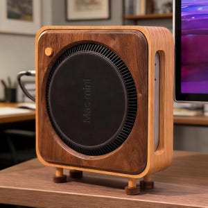 Puede incluir: Una carcasa de ordenador Mac Mini de madera con un panel frontal marrón oscuro y un marco de madera más claro. El panel frontal tiene las palabras "Mac mini" impresas verticalmente. La carcasa está elevada sobre cuatro pequeñas patas de madera.