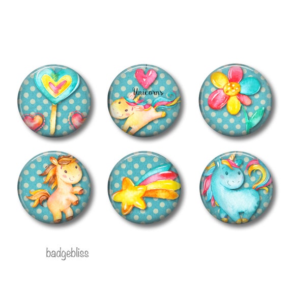 Unicorn fridge magnets, set of 6 magnets/badges Il_570xn