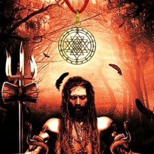 May include: A gold-colored pendant with a geometric design hangs from a red cord. The pendant is centered above a person with long hair and a beard. The background is a reddish-orange with a trident and snakes.