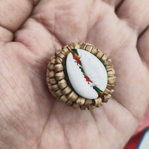 May include: A handcrafted, decorative shell with a white exterior and a colorful, stitched design. The shell is set within a woven, circular frame, showcasing natural tones and textures. This unique piece is likely a decorative item or jewelry component.