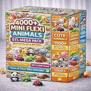 Puede incluir: Un juego de cajas con más de 4000 archivos STL de mini animales flexibles para impresión 3D. La caja muestra imágenes de figuras de animales, como pandas, mariquitas y tortugas. El conjunto incluye paquetes de "Animales lindos" y "Animales de safari".