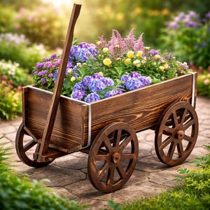 May include: A rustic wooden garden cart filled with vibrant purple, blue, and yellow flowers. The cart has large wooden wheels and a long handle. The cart is made of dark stained wood and is sitting on a stone path.