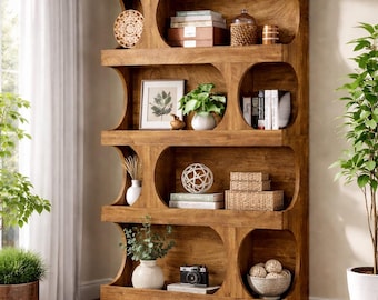 Tall Bookcase, 4-Tier S-Shaped Bookshelf, Wood Decorative Storage Shelving, Modern Freestanding Display Shelves, Large Library Book Shelf