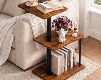 Swivel Side Table for Height Adjustable, C Shaped End Table for Couch with Storage, 3-Tier Night Stand with Open Shelf