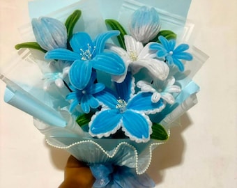 Handgemaakte blauw-witte pijpenrager bloemboeket, kunstbloemen cadeau, bruiloft, verjaardagscadeau voor haar, woondecoratie
