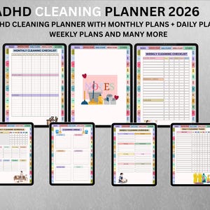 Könnte beinhalten: ADHS Reinigungsplaner 2026. Digitaler Planer mit monatlichen, täglichen und wöchentlichen Reinigungsplänen. Enthält Checklisten und Notizbereiche. Der Planer wird auf mehreren Tablets mit farbenfrohen Registerkarten angezeigt.