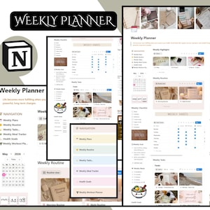 Op de afbeelding: Digitale weekplanner met een minimalistisch ontwerp. De planner bevat secties voor weekplannen, routines, taken en maaltijdtracering. Het ontwerp bevat zachte kleuren en een gebruiksvriendelijke interface, met de tekst "Weekly Planner" bovenaan.