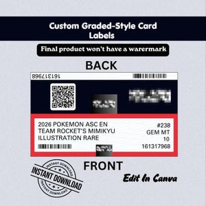 Può includere: Etichette personalizzate in stile carta graduata con design fronte e retro. Il retro include un codice QR, un codice a barre e un numero di serie. Il fronte mostra 2026 POKEMON ASC EN TEAM ROCKET'S MIMIKYU ILLUSTRATION RARE, #238, GEM MT 10, 161317968.