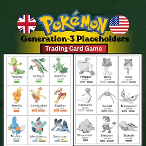 Peut inclure: Une feuille de remplacement pour le jeu de cartes à collectionner Pokémon Génération 3 présentant des illustrations de Treecko, Grovyle, Sceptile, Torchic, Combusken, Blaziken, Mudkip, Marshtomp, Swampert, Pelipper, Ralts, Kirlia, Gardevoir, Surskit, Masquerain, Shroomish, Breloom et Slakoth.