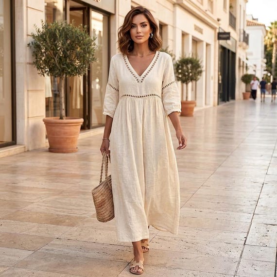Boho V-neck Midi Dress Women Loose Fit A-line Tunic Hollow Out Casual Resort Clothes, Summer Holiday Crochet Beachwear Picnic Outfit Gift