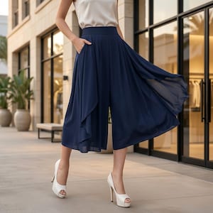 Elegantes capris de gasa de pierna ancha / Pantalones palazzo fluidos de talle alto / Falda culotte suelta de verano para mujer (estilo casual)