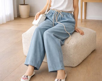 Retro Minimalist Cotton Linen Wide Leg Pants | Women’s Korean Style Loose Straight Leg Trousers | Casual High Waist Flowy Culottes | Boho
