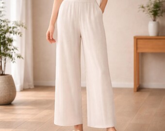 Spodnie damskie plisowane z szerokimi nogawkami, z wysokim stanem i elastyczną gumką, letnie, zwiewne, minimalistyczne spodnie palazzo, rozmiar uniwersalny