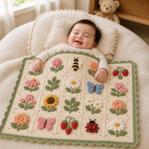 May include: A cream-coloured crochet baby blanket featuring a grid of square patches with raised, three-dimensional appliqués of flowers, strawberries, a bee, a ladybird, and two butterflies, all bordered by a scalloped sage green crochet edge.