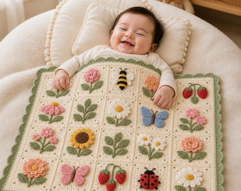 May include: A cream-colored crochet baby blanket featuring a grid of square patches with raised, three-dimensional appliques of flowers, strawberries, a bee, a ladybug, and two butterflies, all bordered by a scalloped sage green crochet edge.