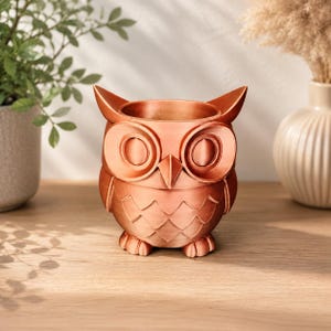 Peut inclure: Un cache-pot en forme de hibou de couleur cuivre métallique, doté de grands yeux circulaires, d'un bec pointu et de détails de plumes stylisés sur la poitrine. Le hibou présente des aigrettes proéminentes et une ouverture creuse au sommet.