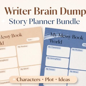 May include: A story planner bundle with two sheets. One sheet is tan, the other is blue. Both have the text "My Messy Book World" and sections for characters, plotline, atmosphere, ideas, and twitts. The text "Writer Brain Dump Story Planner Bundle" is at the top.
