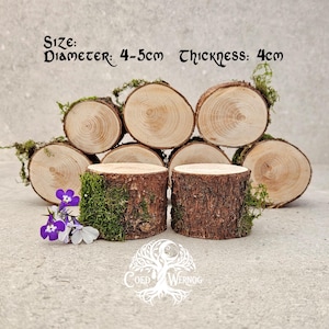 May include: A collection of cylindrical wood slices with bark, some featuring green moss accents. Text reads: SIZE: DIAMETER: 4-5cm THICKNESS: 4cm. Two pieces stand upright in the front, while others are stacked behind. Small purple and white flowers are visible.