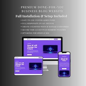 May include: A digital mockup of a business blog website displayed on a desktop computer, tablet, and smartphone. The website features a purple and white color scheme with the text "How AI will Change the Future."