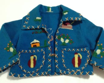 Vtg 40s 50s Mexican Tourist Souvenir Jacket Child Blue Wool Embroidery Folk Art