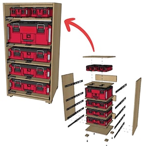 Puede incluir: Un armario de madera con múltiples cajas de herramientas rojas. El armario tiene cinco cajones extraíbles, cada uno con una caja de herramientas roja con cierres negros. La imagen también muestra una vista explosionada de los componentes del armario.