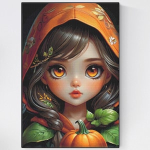 Patrón digital de punto de cruz, descarga inmediata, descarga digital, niña chibi de otoño, 4 pdf, cobertura completa, para pattern keeper