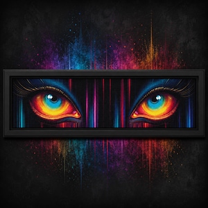 Puede incluir: Una pieza de arte mural rectangular en un marco negro que presenta una ilustración abstracta y vibrante de dos ojos. Los iris son de un azul brillante, rodeados de tonos amarillos, naranjas y rojos intensos, sobre un fondo oscuro con rayas verticales de salpicaduras de pintura azul, morada y naranja.
