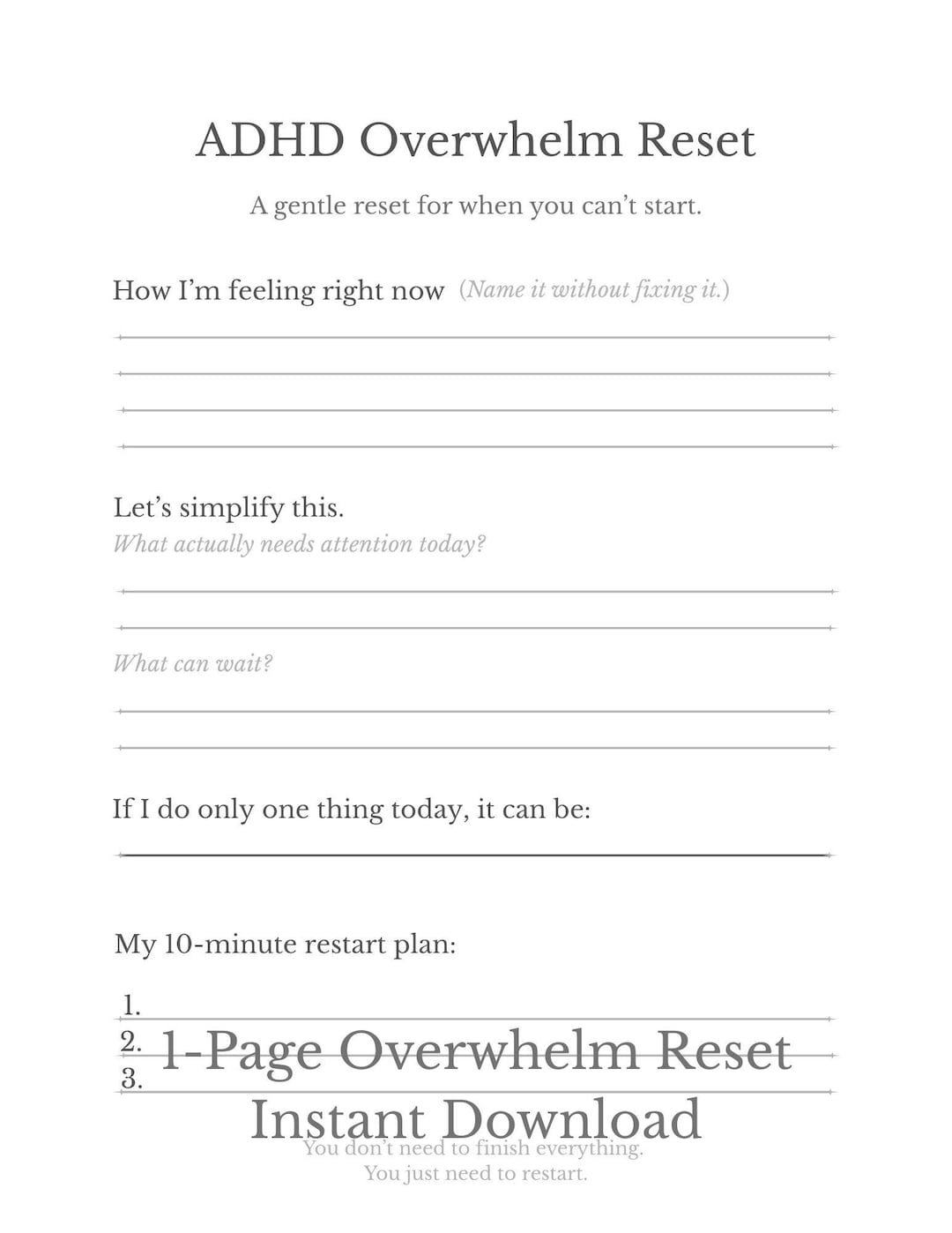 ADHD Overwhelm Reset Printable | Executive Dysfunction Planner ...