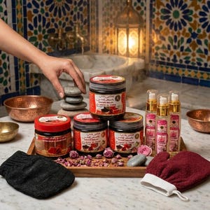 Marockanskt Hammam Spa Kit – Svart tvål med Aker Fassi, Kessa exfolierande handske och rosenolja – Presentset för naturlig kroppsvård