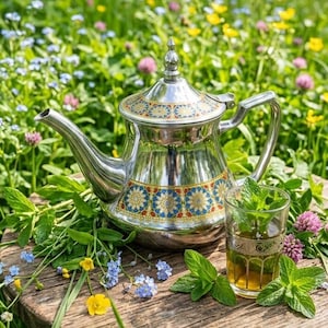 Könnte beinhalten: Eine silberne Teekanne mit blauen und goldenen Mustern steht auf einer Holzoberfläche, zusammen mit einem Glas Tee und frischer Minze. Die Szene spielt sich im Freien inmitten einer lebendigen Vielfalt an Wildblumen und Grün ab.
