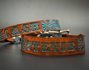 Leather Dog Collar Personalized ( Name Dog Collar ~ Turquoise Leather Dog Collar ~ Western Dog Collar ~ 1950s name on belt Dog Collar )