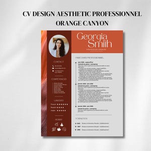 Puede incluir: Una plantilla de currículum titulada CV DESIGN AESTHETIC PROFESSIONNEL ORANGE CANYON con una barra lateral marrón oscuro que incluye una foto circular, datos de contacto, habilidades, idiomas y aficiones, junto a una sección blanca.