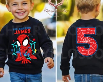 Spidy gepersonaliseerd verjaardagssweater, Spidy en vrienden verjaardag themafeest, verjaardag kindersweater, verjaardag peuter, verjaardagscadeaus DV40