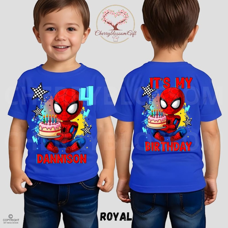May include: Royal blue t-shirt featuring a cartoon Spider-Man holding a birthday cake with candles. The front of the shirt displays the number 4 and the name "DANNISON". The back of the shirt says "IT'S MY BIRTHDAY".