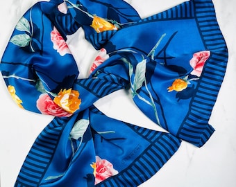 Silk scarf Givenchy vintage, blue floral, womens 80s